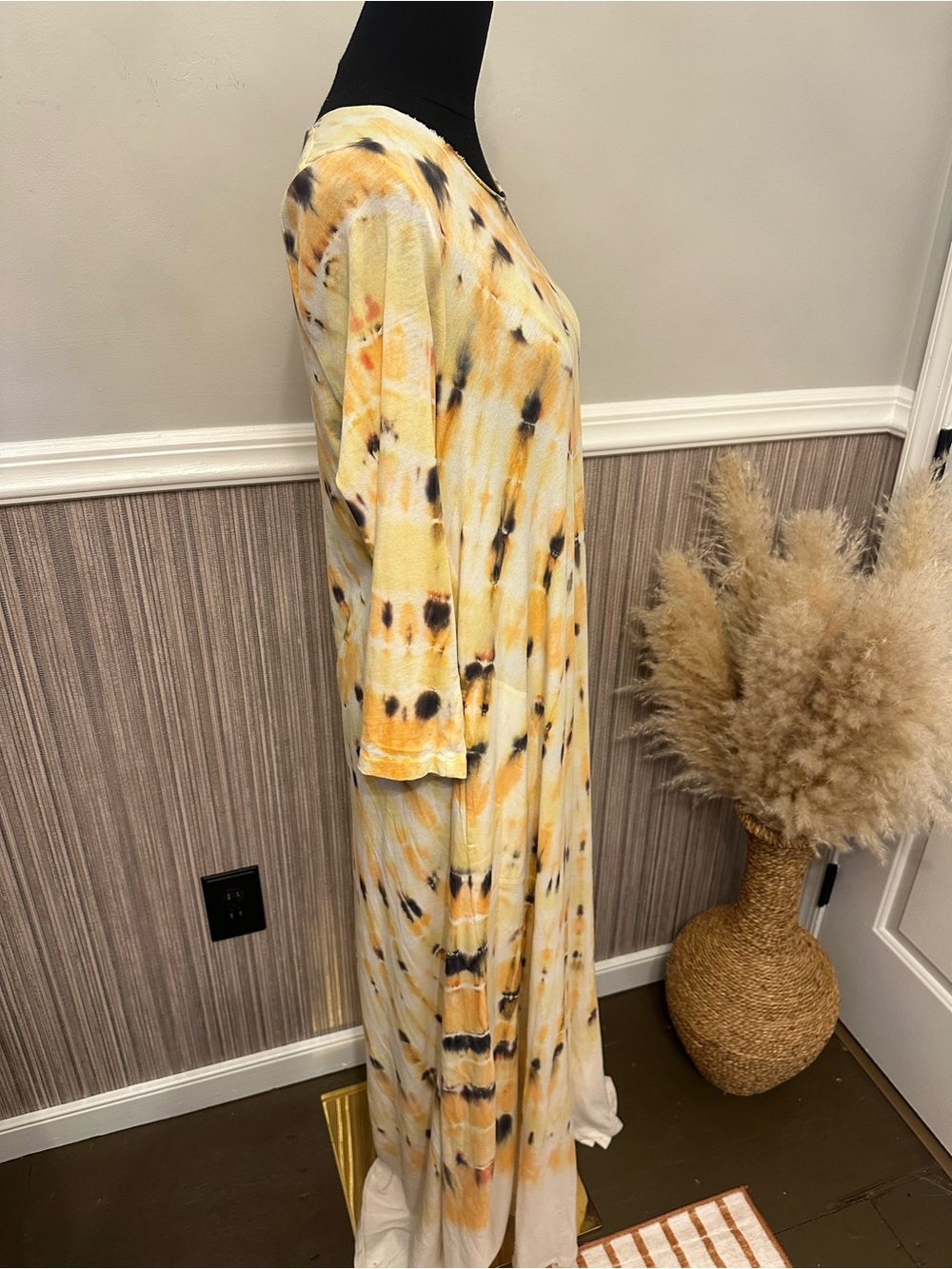 Raquel Allegra Size 2 Tie Dye Maxi Dress Yellow Black Long Sleeve Cotton - Picture 9 of 11